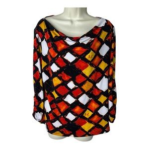 Premise Women’s Geometric Colorful Top Ruched Sleeves Scoop Neckline